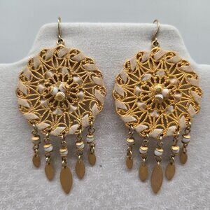 Bohemian Gold Dreamcatcher Dangle Earrings With Intricate Lace Design & Beads